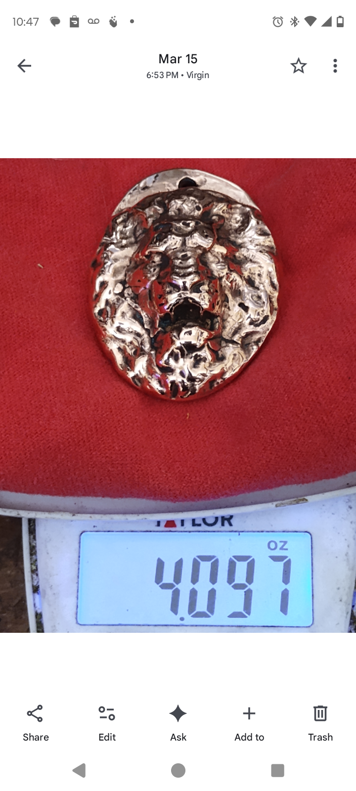 4 Ounce Hand Poured and Polished Copper Lion Head Pendant Cast